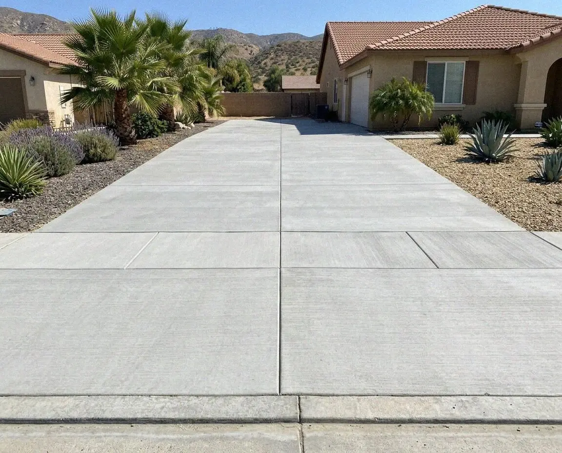 New concrete driveway with cut control joints at a Riverside home