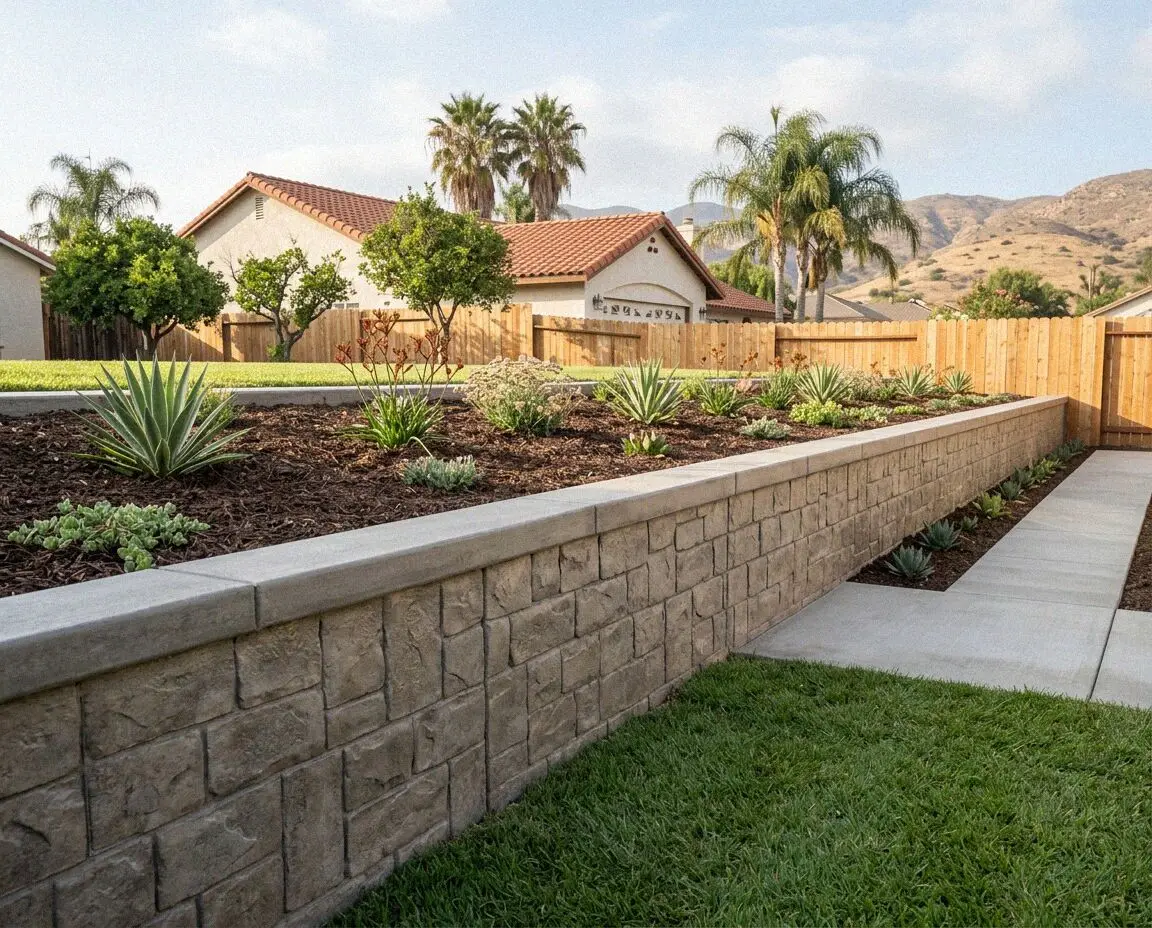 New concrete retaining wall holding a landscaped bank in Riverside