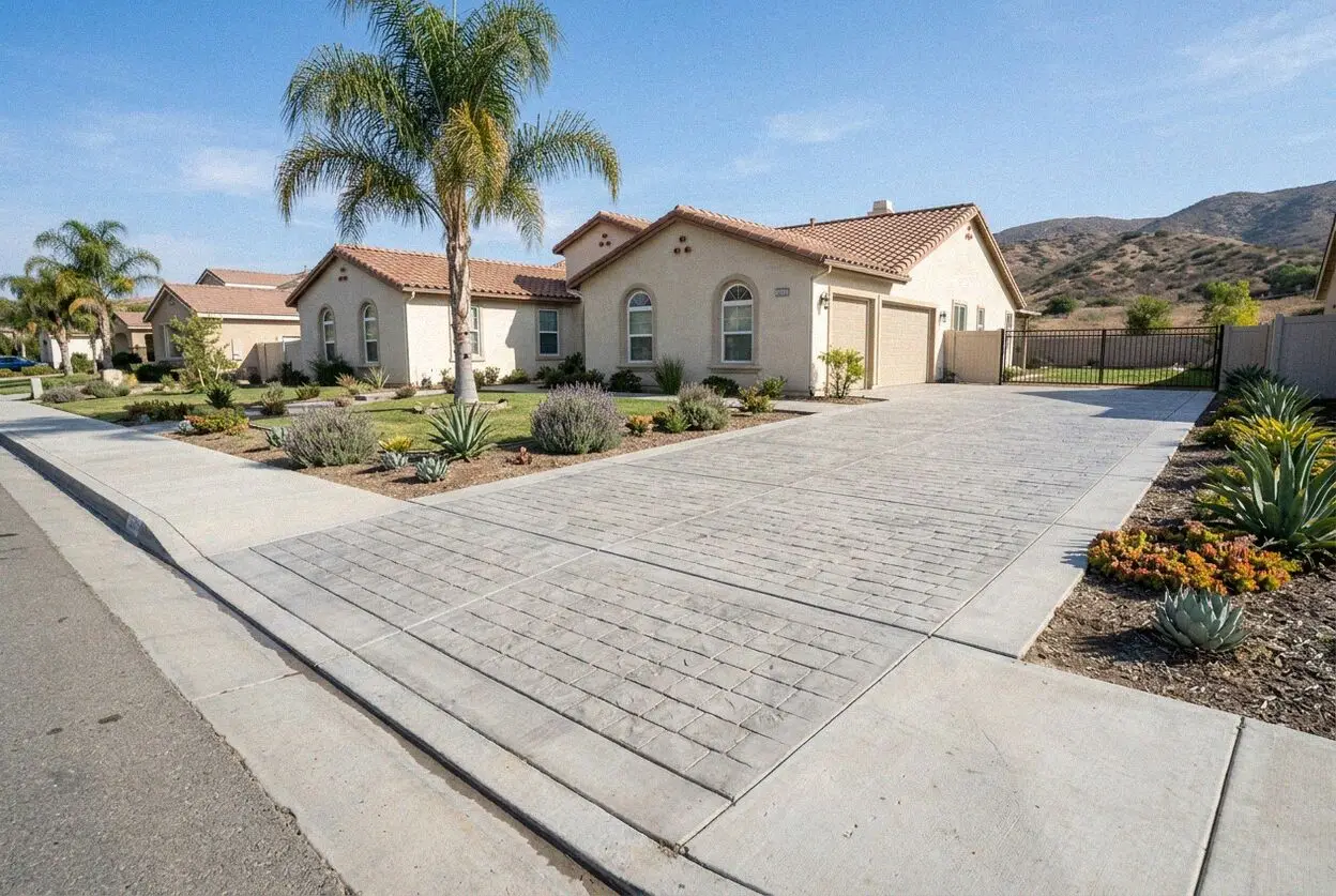 Finished concrete driveway with cut control joints at a Riverside home
