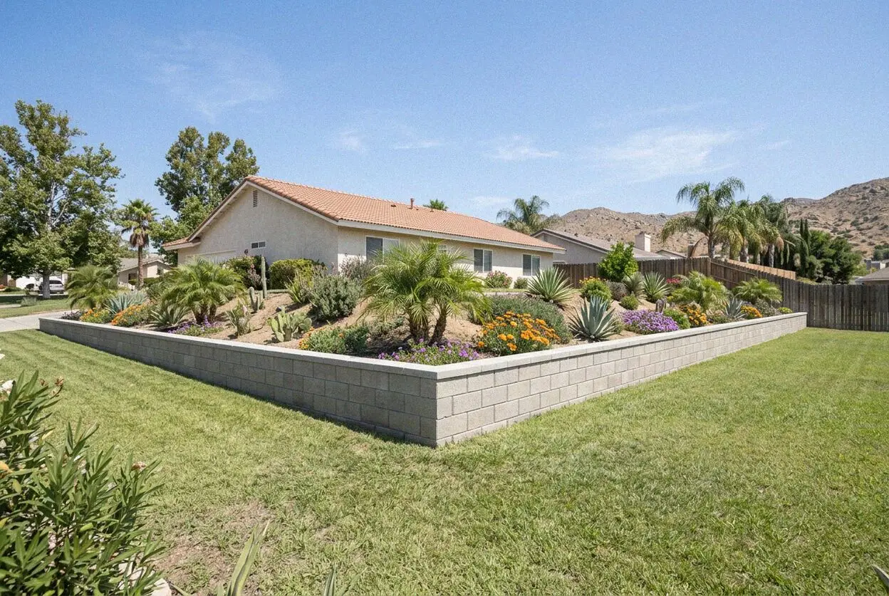 Poured concrete retaining wall on a sloping lot in Riverside