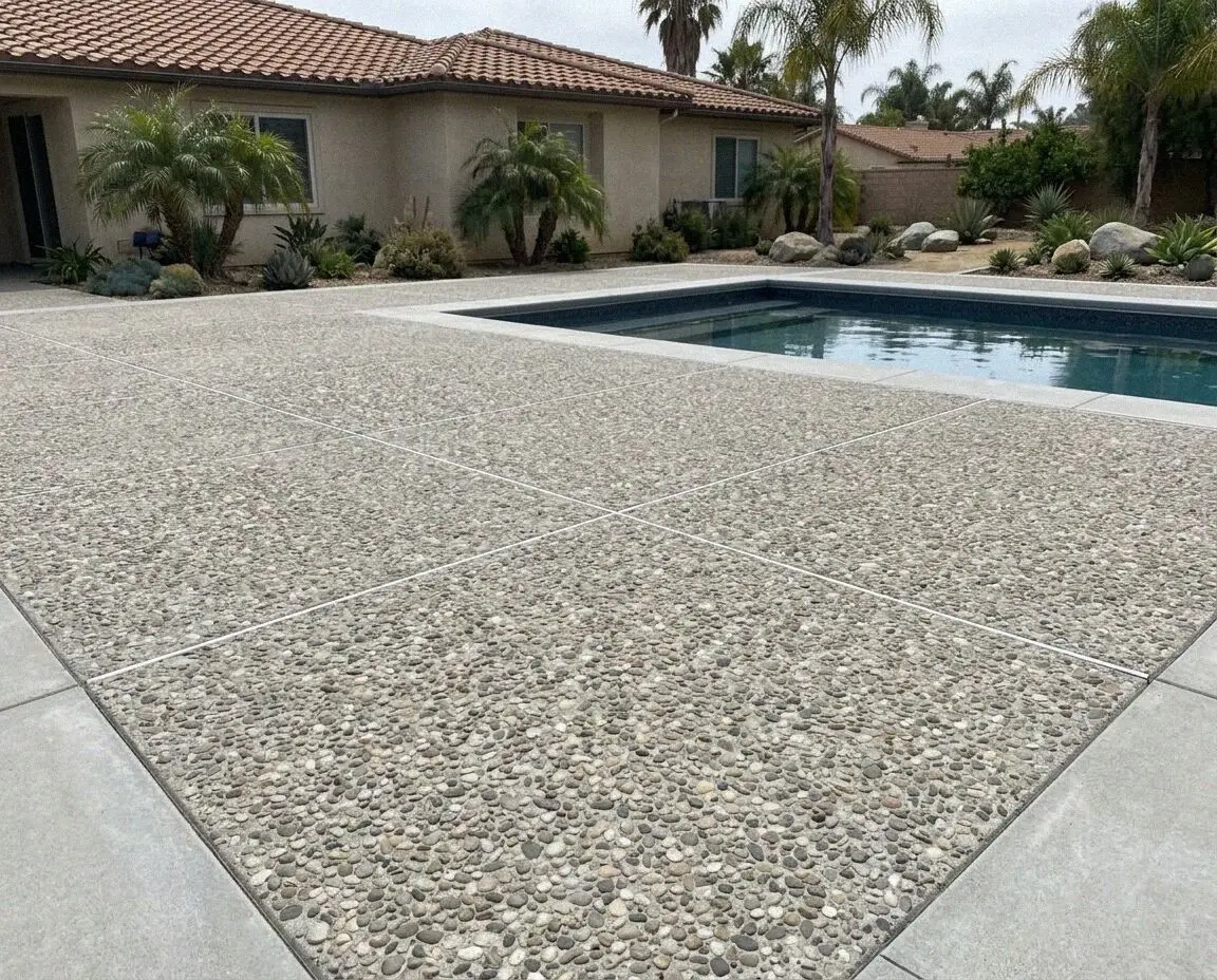 Acid-stained decorative concrete porch at a Riverside home