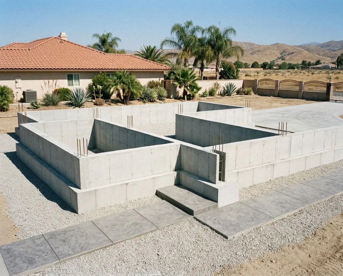 A completed perimeter foundation with its sill bolts, at a Riverside home