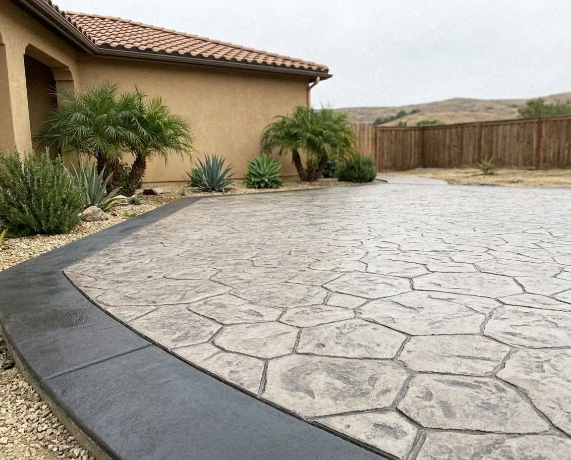 Ashlar slate stamped concrete driveway at a Riverside home